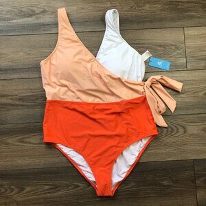 Cupshe Faux‎ Wrap One Piece Swimsuit Women's XXL Color Block Orange, Peach NEW